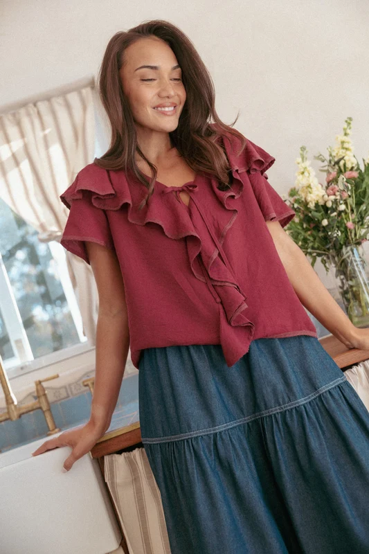 Delores Ruffle Top - Wine M