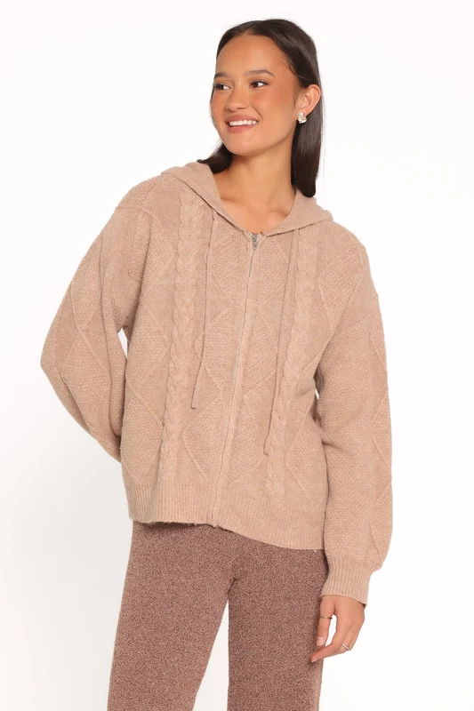 Charlene Cable Knit Zip Hoodie - Taupe L