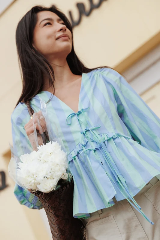 Benny Puff Sleeve Top - Green/Blue Stripe XS
