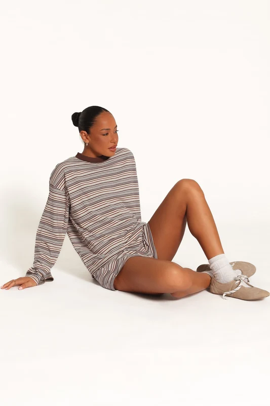 Silvia Knit Short Set - Chocolate Brown Stripe XL