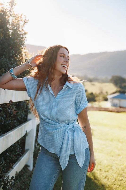 Shiloh Side Tie Shirt - Blue Gingham XXS