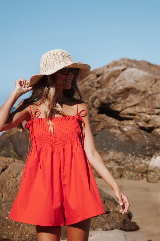 Liora Pleated Playsuit - Red XL