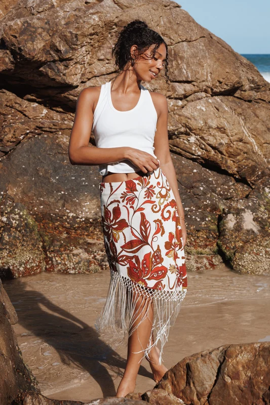 Shelby Midi Fringe Skirt - Brown Floral XS