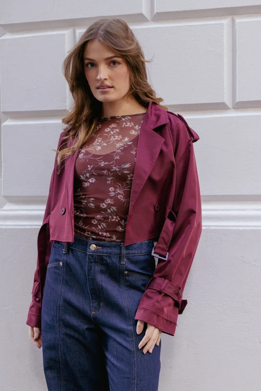 Izzi Crop Trench Jacket - Burgundy XL