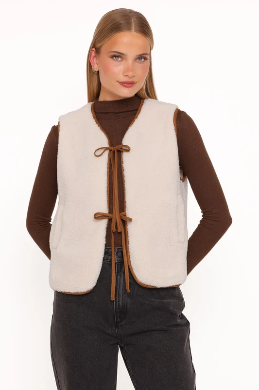 Laila Tie Front Vest - Cream Shearling L