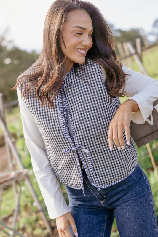 Laila Tie Front Vest - Black Gingham L