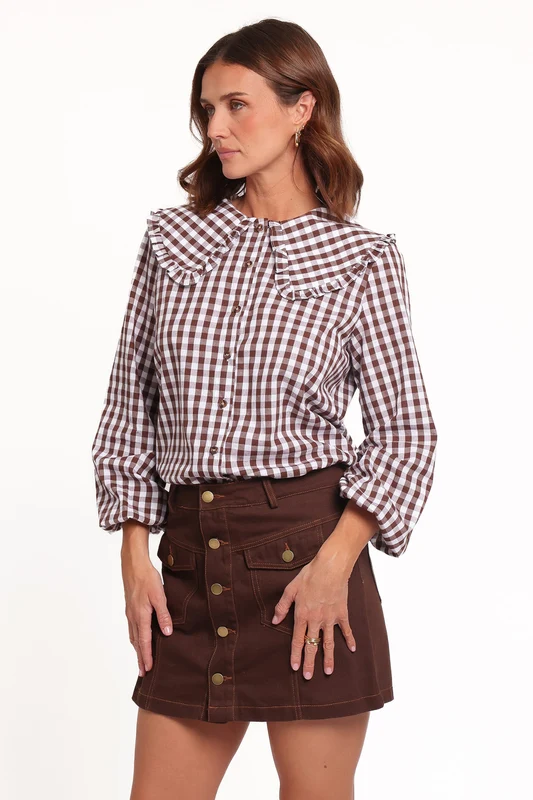 Cosetta Frill Collared Shirt - Brown Gingham M