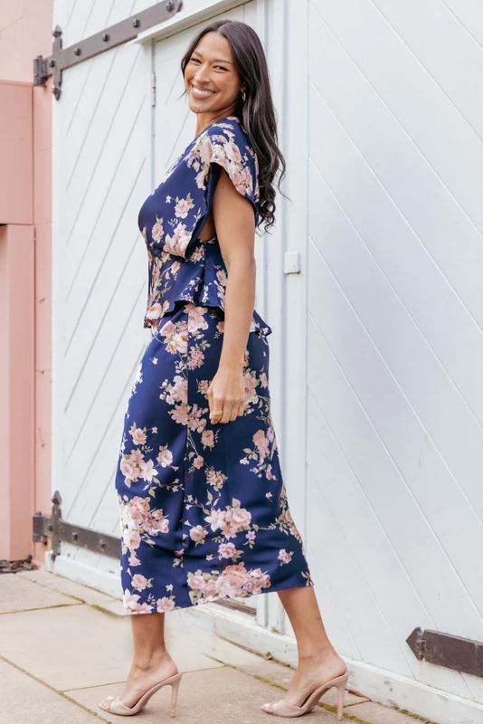 Kenna Satin Midi Skirt - Navy Floral L