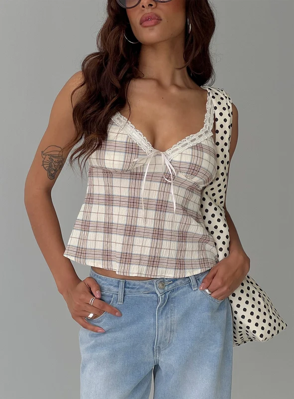 Pretty It Up Tie Detail Top Beige Check AU 12 / Beige Check