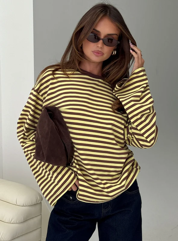 Settle Down Long Sleeve Top Yellow / Brown Stripe AU 10 / Yellow / Brown Stripe