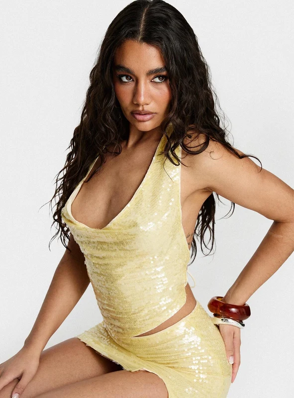 Katryna Plunge Neck Sequin Top Yellow AU 8 / Yellow