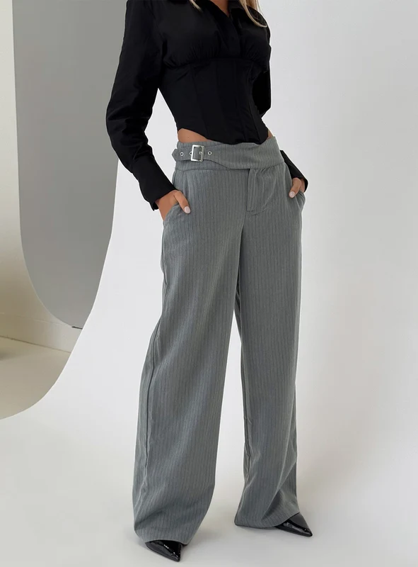 Jinny Relaxed Buckle Tailored Pants Grey Pinstripe AU 8 / Grey Pinstripe