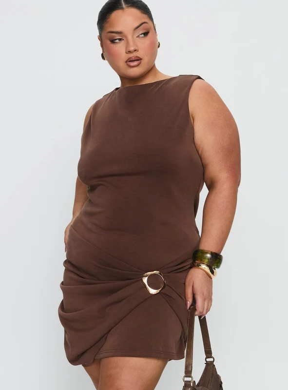 Kharla Ruched Hardware Mini Dress Brown Curve AU 18 / Brown