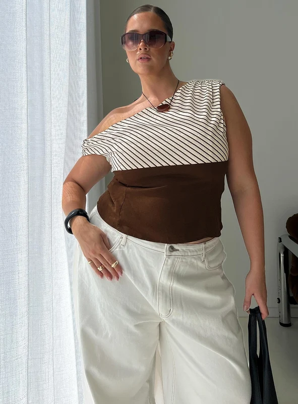 Past Life One Shoulder Top Brown / Stripe Curve AU 24 / Brown / Stripe