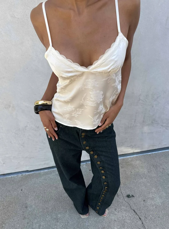 Had Me At Hello Lace Trim Floral Detail Top Cream AU 16 / Cream