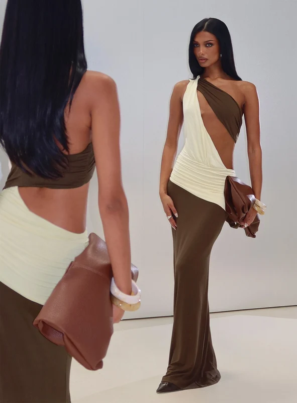 Loletta Draped One Shoulder Maxi Dress Chocolate / Yellow AU 4 / Chocolate / Yellow
