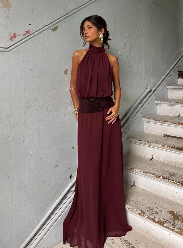 Darwinn Drop Waist Sequin Detail Maxi Dress Burgundy AU 14 / Burgundy