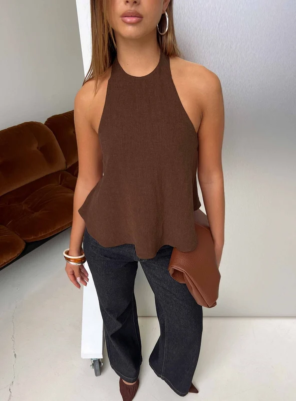 Aquaria Halter Linen Blend Top Chocolate AU 12 / Chocolate