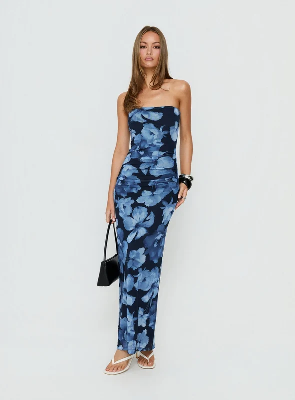 Lanora Strapless Maxi Dress Blue Floral AU 16 / Blue Floral