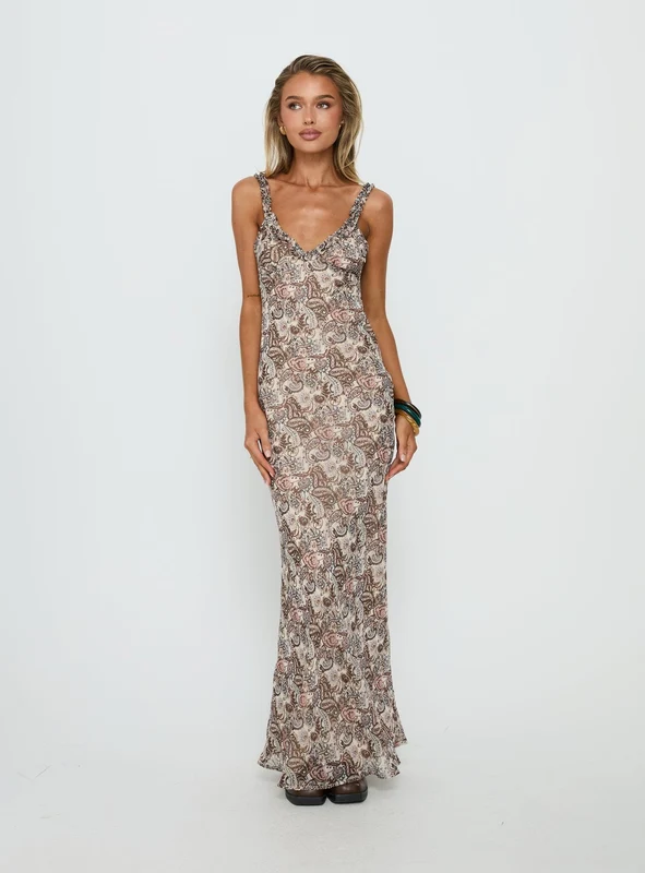 Baley Bias Cut Frill Maxi Dress Paisley AU 14 / Paisley