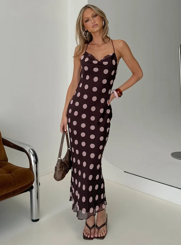 Andreana Low Back Maxi Dress Burgundy Polka Dot AU 6 / Burgundy Polka Dot