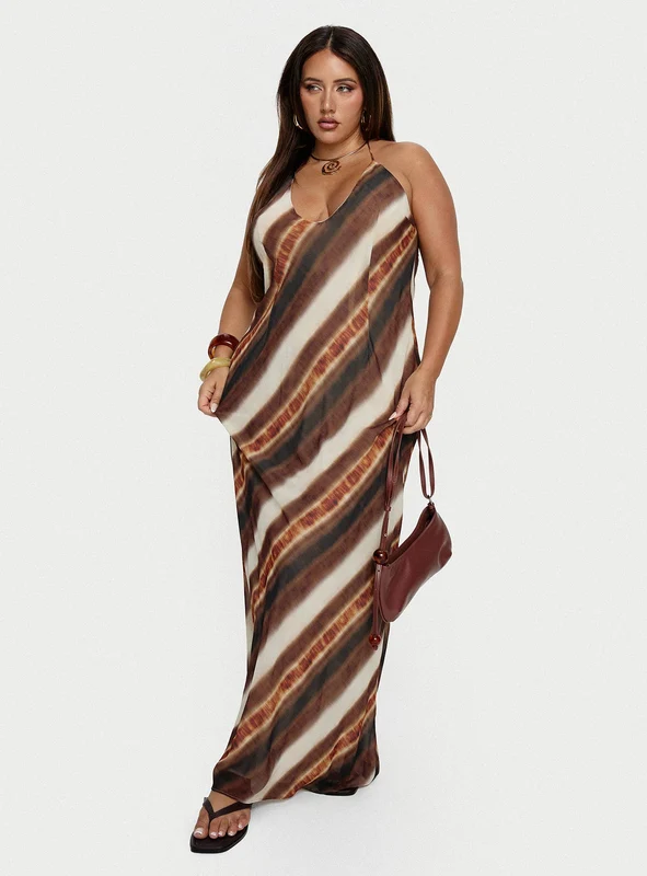 Esmira Halter Maxi Dress Brown Stripe Curve AU 20 / Brown Stripe