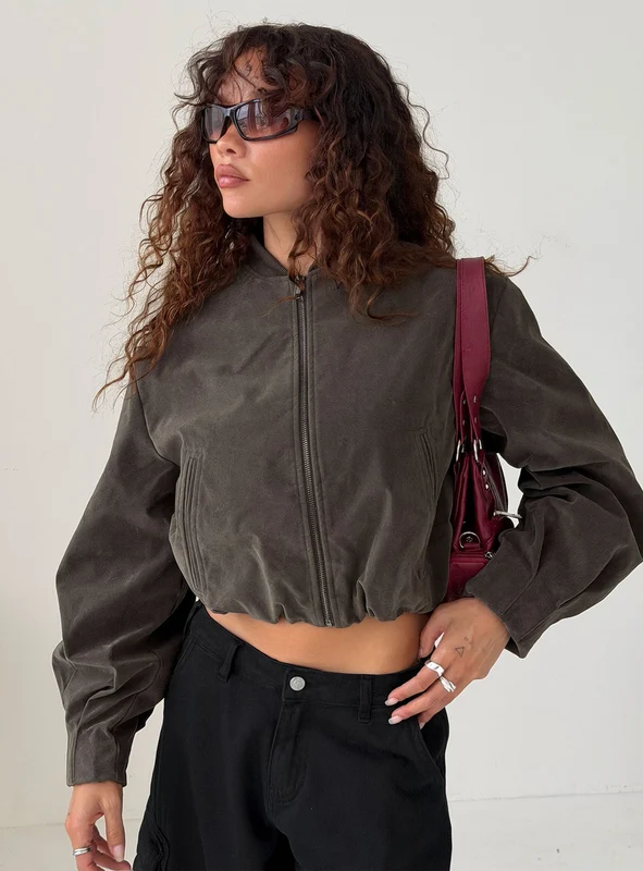 Mastery Faux Suede Bomber Jacket Charcoal AU 14 / Charcoal