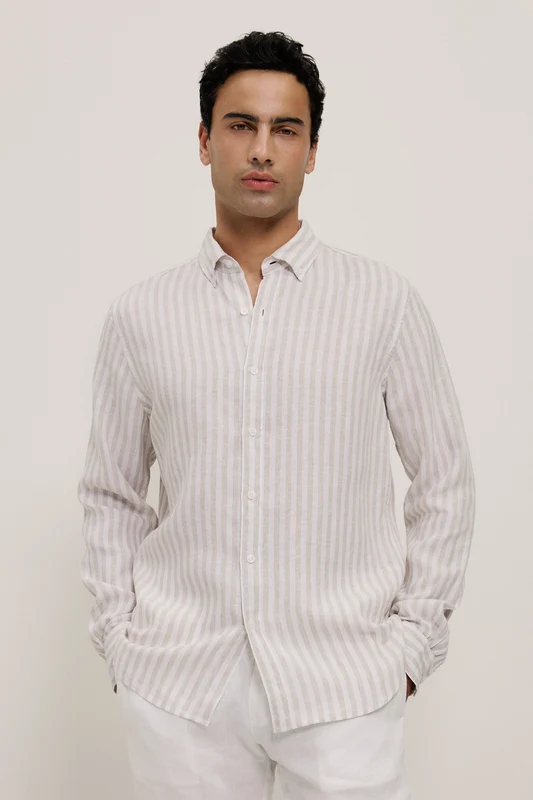 Yarn Dyed Linen Stripe Long Sleeve Shirt Jade / Large