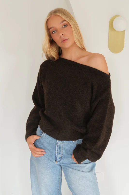 Off Shoulder Knit Jumper Chocolate AU 10