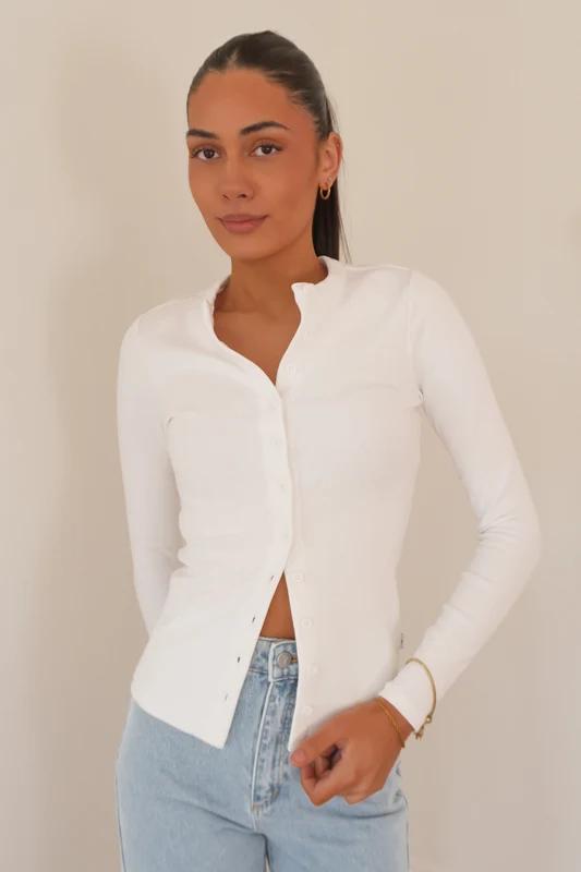 Button Up Long Sleeve Tee White White / AU 6