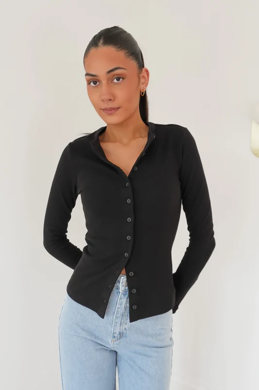 Button Up Long Sleeve Tee Black Black / AU 6