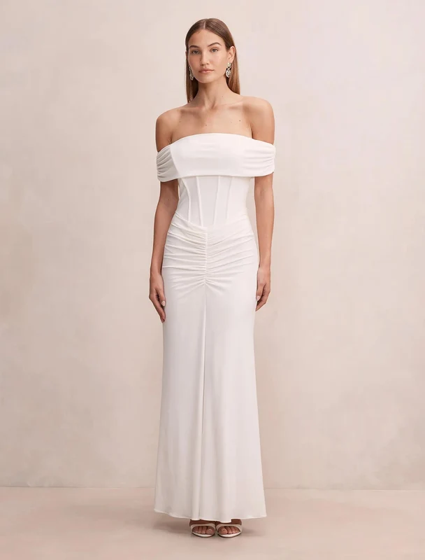 Ania Ruched Bardot Maxi Dress Porcelain 12