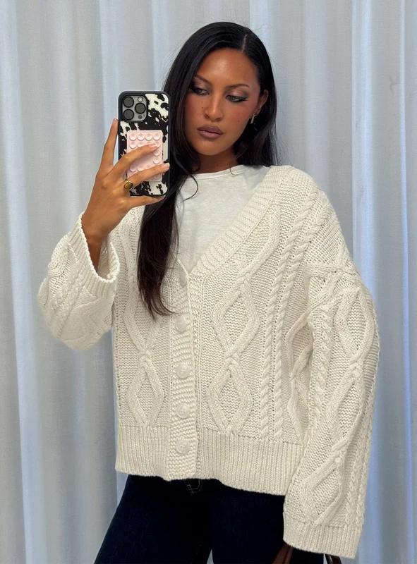 Selfless Love Cable Knit Cardigan Cream L/XL / White