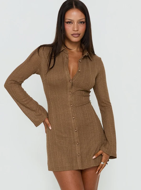 When You Sleep Long Sleeve Mini Dress Cocoa Brown AU 8 / Cocoa Brown