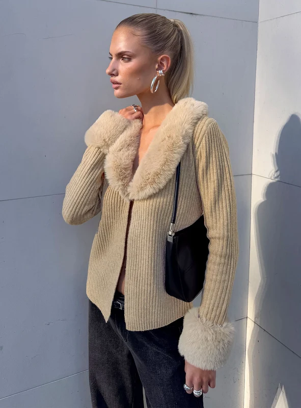Gisele Faux Fur Trim Long Sleeve Sand AU 4 / Sand