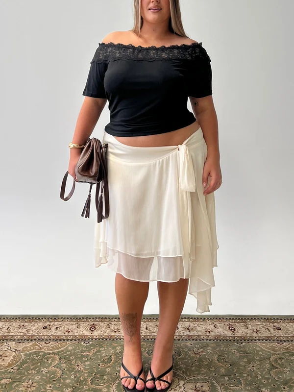 Ophella Tie Waist Chiffon Midi Skirt Cream Curve AU 22 / Cream