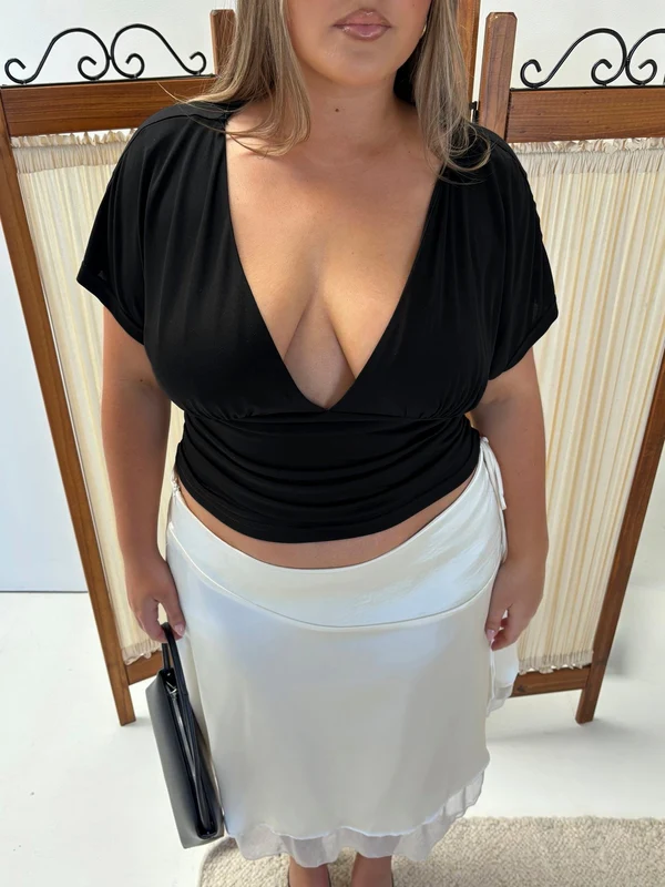 Mattey Cinched V Neck Top Black Curve AU 20 / Black