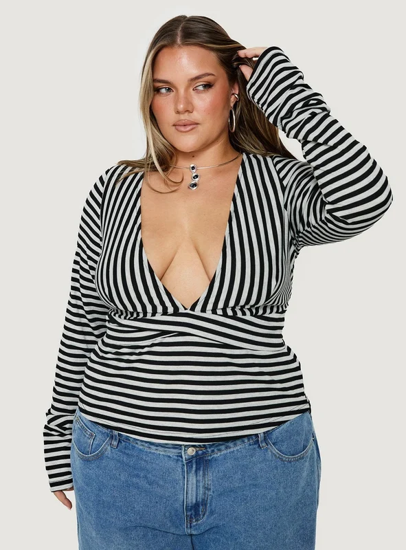 Madelon Long Sleeve Wrap Top Black / Grey Stripe Curve AU 24 / Black / Grey Stripe