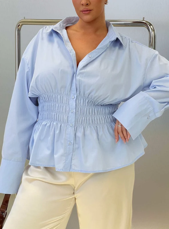 As You Are Shirred Button Up Top Soft Blue Curve AU 24 / Soft Blue