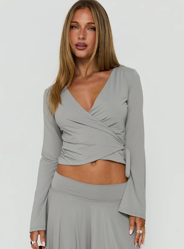 Talluleah Wrap Front Long Sleeve Top Grey AU 4 / Grey