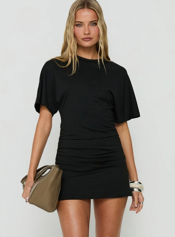 Hunni Ruched Shirt Mini Dress Black AU 8 / Black