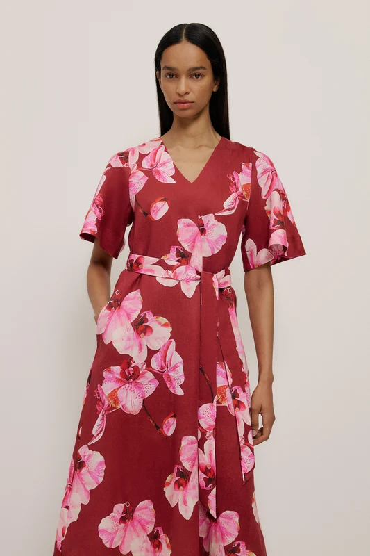 Arden Linen Belted Dress Cherry Red / 18