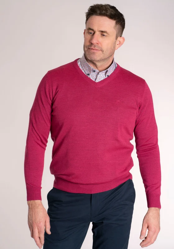 Fine Merino Wool Blend V-Neck Knitwear - Pink Raspberry / 2XL