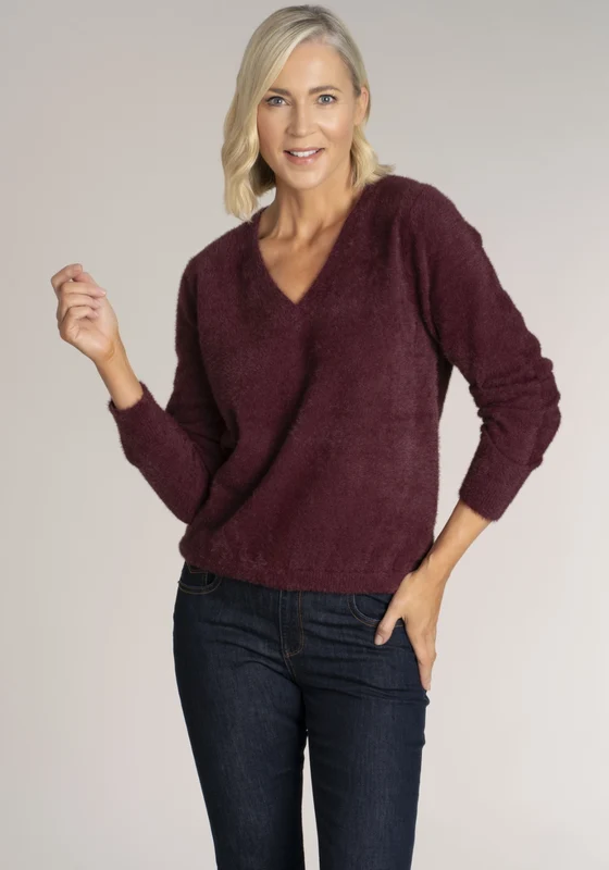 Fluffy V-Neck Jumper - Wine Burgundy / S