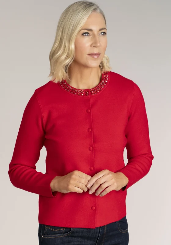 Embellished Collar Cardigan - Red Red / S