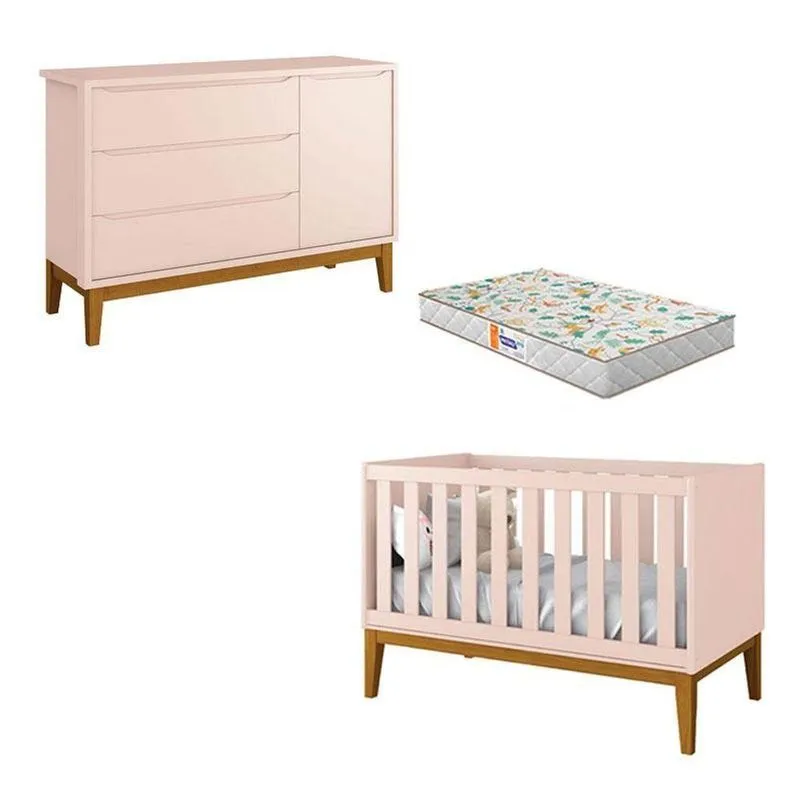 Berço Americano E Cômoda New Classic Rosa Com Pés Madeira E Colchão Gazin - Reller