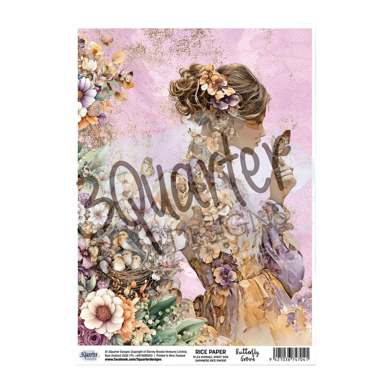 3 Quarter Designs A4 Rice Paper - Butterfly Grove