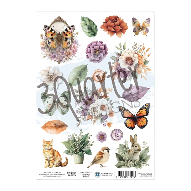 3 Quarter Designs A4 Sticker Sheet - Butterfly Grove