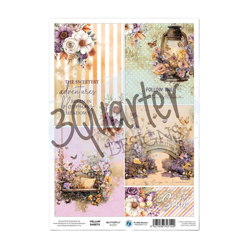 3 Quarter Designs A4 Vellum Sheets - Butterfly Grove