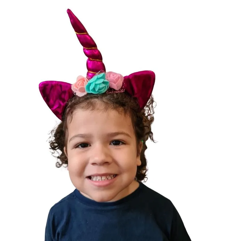 Arco Tiara Unicórnio Metalizado c/ 3 flores infantil p/ Festa e Fantasia